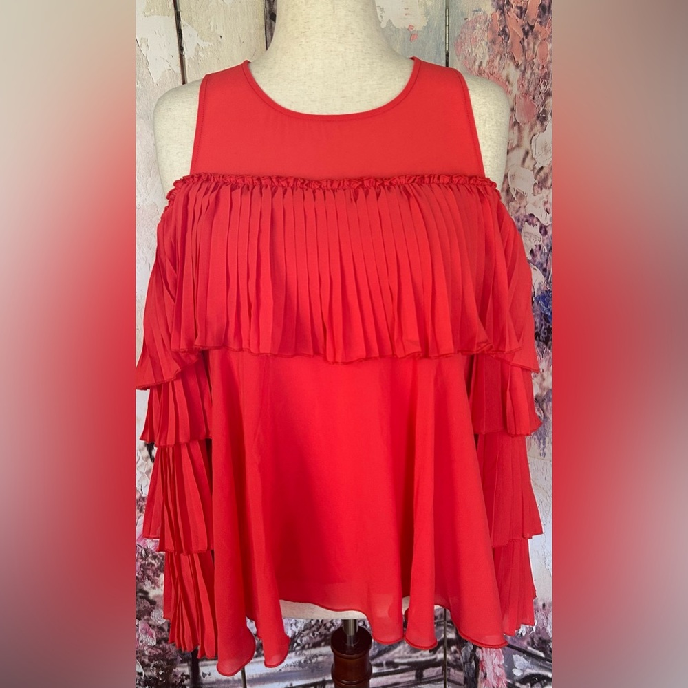 Masseys - Elegant Orange-Red Ruffled Cold Shoulder Top. Size L